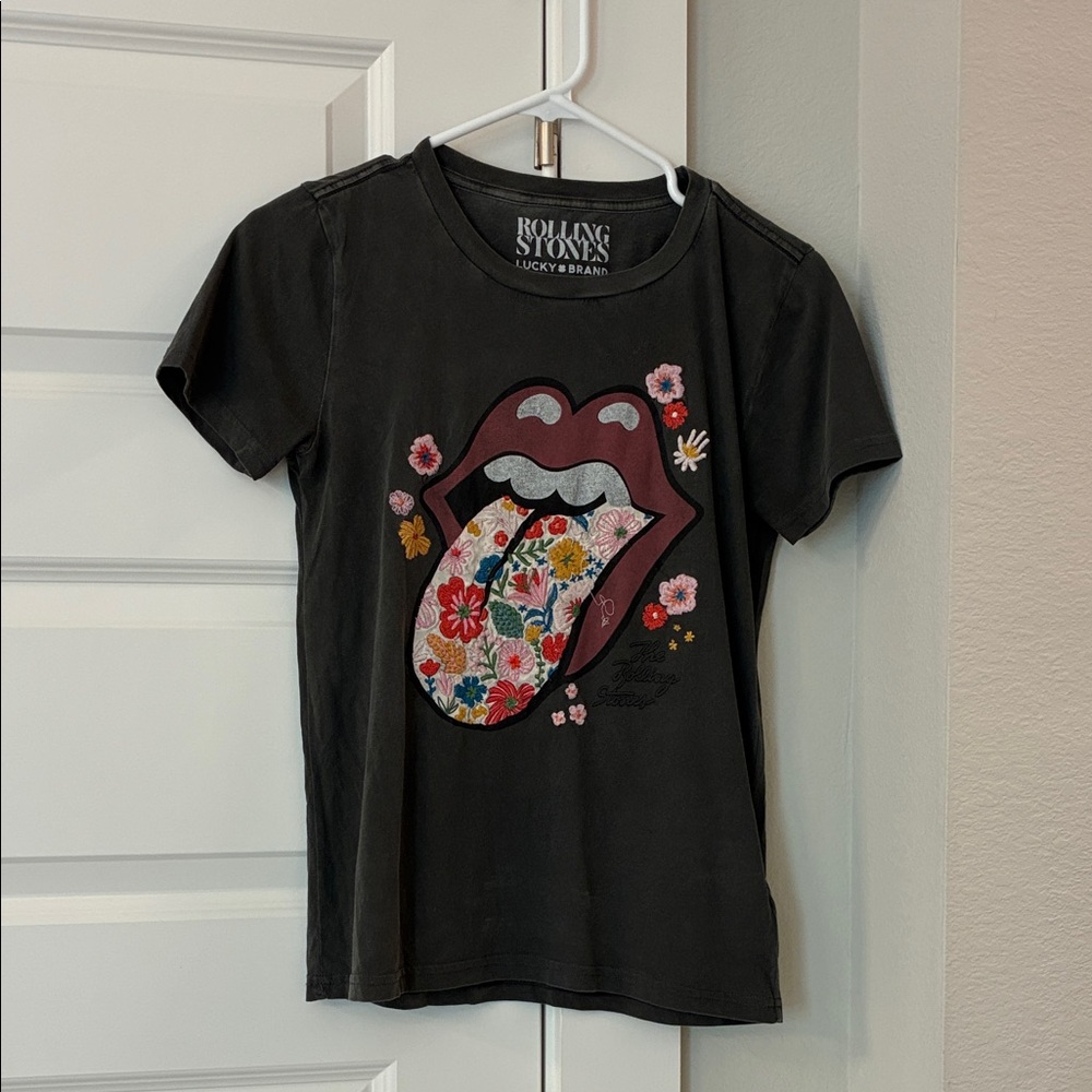 Lucky Brand Rolling Stones Floral Tongue Graphic Tee - Embroidered Details
